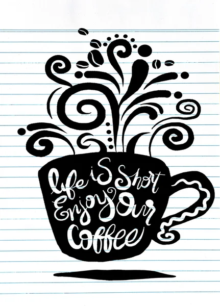 人生は、短いコーヒーです。コーヒー カップの形状セットのレタリング. — ストックベクタ