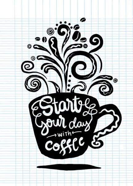 Begin uw dag met koffie. Belettering op koffie kopje vorm set — Stockvector