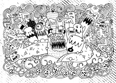 Canavarlar vektör illüstrasyon ve sevimli yabancı dostu, Doodle tarzı