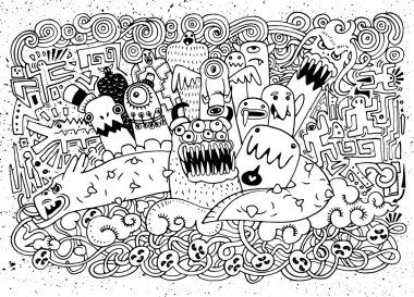 Canavarlar vektör illüstrasyon ve sevimli yabancı dostu, Doodle tarzı