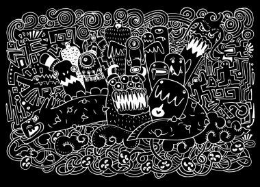 Canavarlar vektör illüstrasyon ve sevimli yabancı dostu, Doodle tarzı