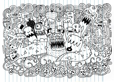 Canavarlar vektör illüstrasyon ve sevimli yabancı dostu, Doodle tarzı