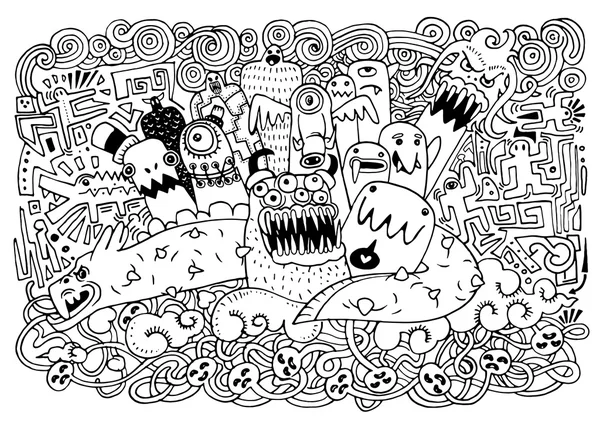 Ilustração vetorial de monstros e bonito alienígena amigável, estilo Doodle — Vetor de Stock