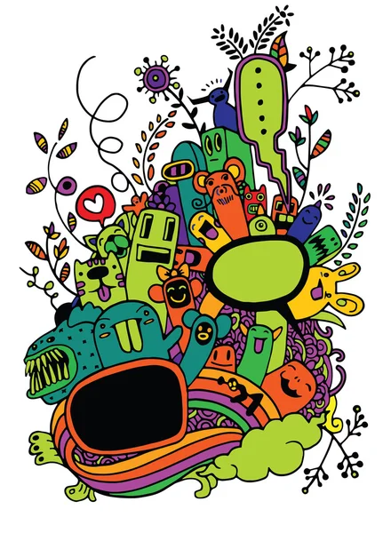 Mão desenhada louco doodle monstro e flor, estilo de desenho —  Vetores de Stock