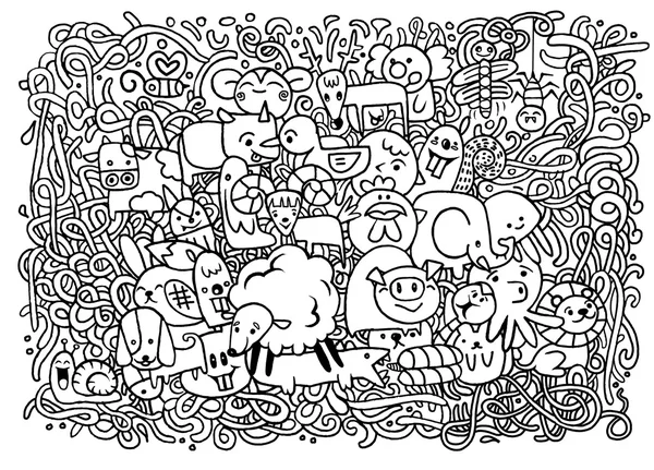 Dia da Fazenda Animais Doodle fundo Mão desenhada — Vetor de Stock