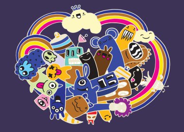 Hipster elle çizilmiş deli doodle canavar şehir, çizim stili.