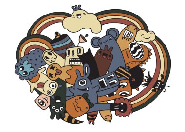 Hipster elle çizilmiş deli doodle canavar şehir, çizim stili.