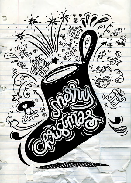 Doodle-Stil Weihnachtsgeschenk Socken handgezeichnete Grußkarte — Stockvektor