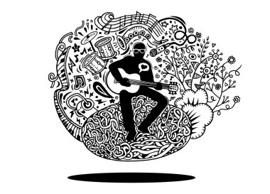 El çizim Doodles müzisyen gitar çalıyor ve bir şarkı .v şarkı