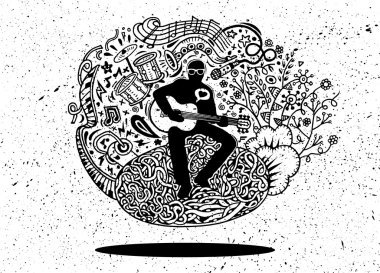 El çizim Doodles müzisyen gitar çalıyor ve bir şarkı .v şarkı