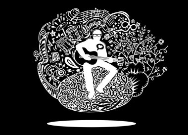 El çizim Doodles müzisyen gitar çalıyor ve bir şarkı .v şarkı