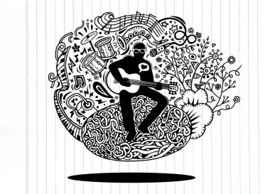 El çizim Doodles müzisyen gitar çalıyor ve bir şarkı .v şarkı