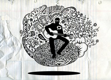 El çizim Doodles müzisyen gitar çalıyor ve bir şarkı .v şarkı