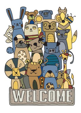 Çizilmiş komik hayvan vektör çizim karikatür Set, şirin 