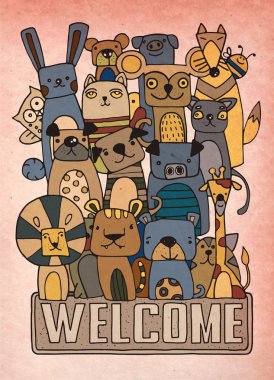 Çizilmiş komik hayvan vektör çizim karikatür Set, şirin 