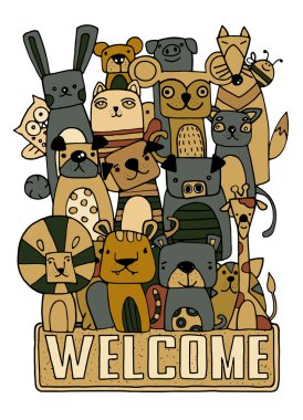 Çizilmiş komik hayvan vektör çizim karikatür Set, şirin 