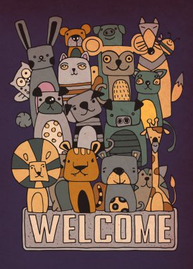 Çizilmiş komik hayvan vektör çizim karikatür Set, şirin 