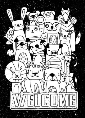 Çizilmiş komik hayvan vektör çizim karikatür Set, şirin 