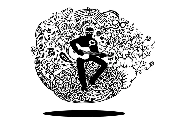 Hand tekening doodles muzikant gitaar spelen en zingt een lied. v — Stockvector