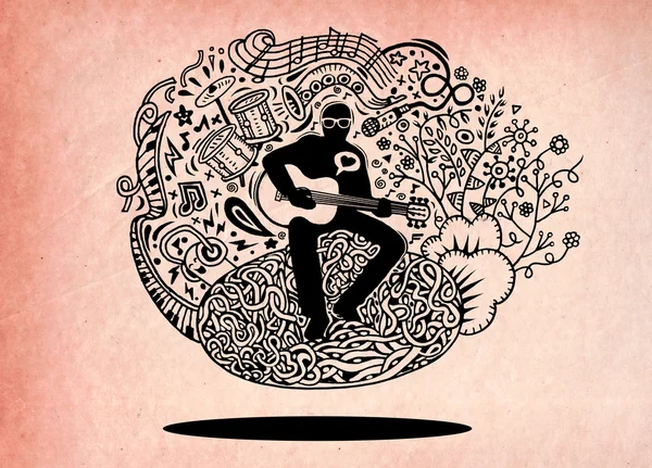 Mão desenho Doodles músico tocando guitarra e canta uma canção .v — Vetor de Stock