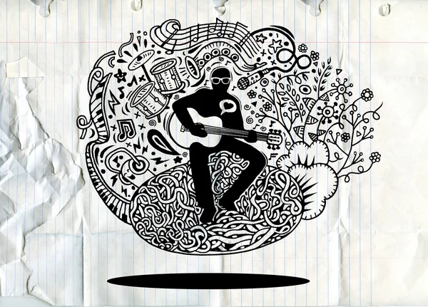 El çizim Doodles müzisyen gitar çalıyor ve bir şarkı .v şarkı