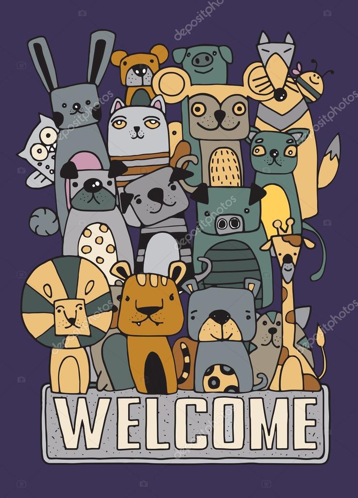 Funny Animal Vector illustration cartoon Set,cute handdrawn Stock