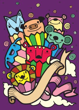 Küp kek doodle hayvanların el çizimleri. şirin elle çizilmiş 