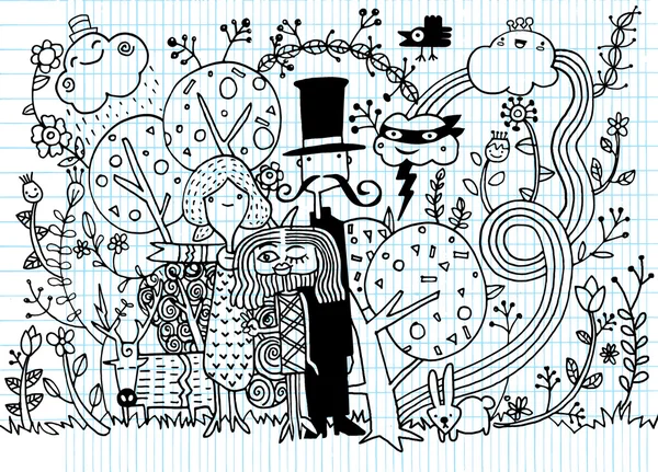 Enfant dessin à la main illustration de la famille heureuse avec des animaux et — Image vectorielle