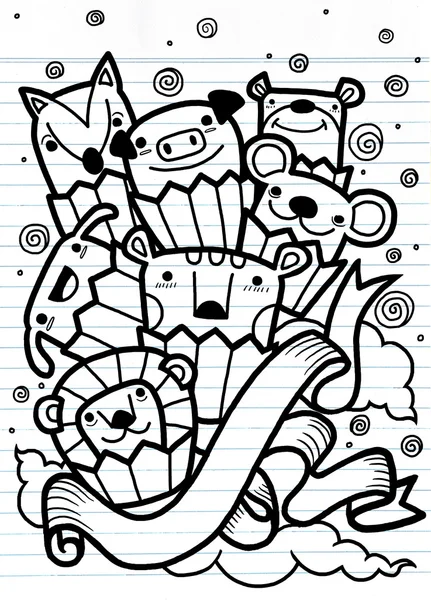 Handzeichnungen von Doodle-Tieren in Tasse Kuchen. Niedliche Hand gezeichnet — Stockvektor