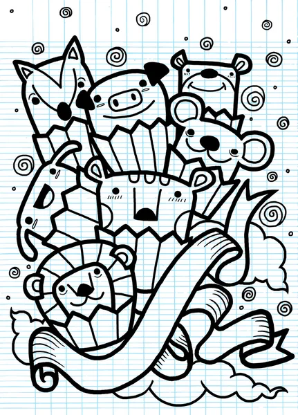 Odręcznych rysunków przedstawiających zwierzęta doodle w ciasto. Ładna ręcznie rysowane — Wektor stockowy