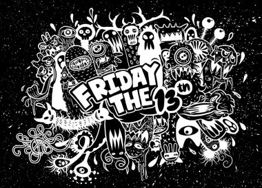 Cuma 13 doodle hayalet arka plan ile grunge illüstrasyon