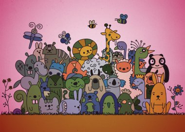El komik hayvan, illustrat çizilmiş vektör çizim, Doodle