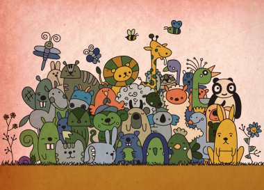 El komik hayvan, illustrat çizilmiş vektör çizim, Doodle