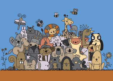 El komik hayvan, illustrat çizilmiş vektör çizim, Doodle