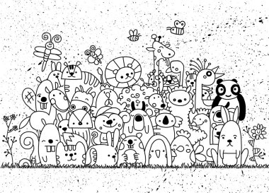 El komik hayvan, illustrat çizilmiş vektör çizim, Doodle