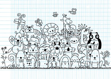 El komik hayvan, illustrat çizilmiş vektör çizim, Doodle