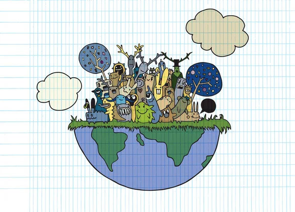 Illustration vectorielle de monstres drôles Population avec continents — Image vectorielle