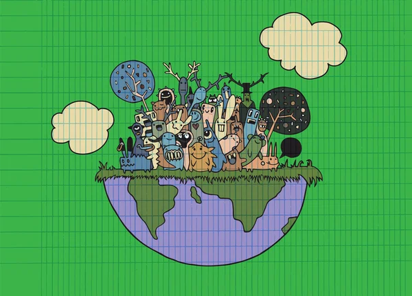 Illustration vectorielle de monstres drôles Population avec continents — Image vectorielle