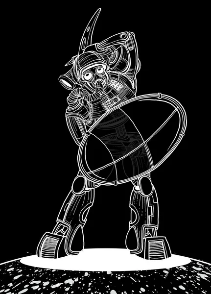 Иллюстрация робота-гладиатора со щитом и боевым топором — стоковый вектор