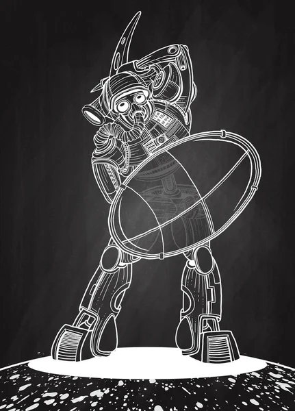 Illustration eines Gladiatorenroboters mit Schild und Schlachtaxt — Stockvektor