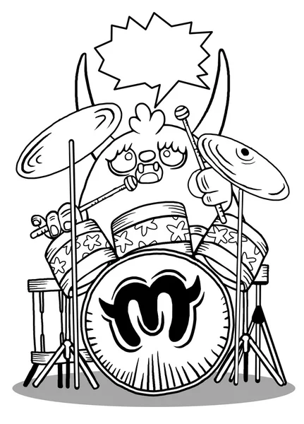 Baterista monstro rock, tocando tambor. design de personagem. tipografia —  Vetores de Stock