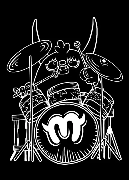 Baterista monstro rock, tocando tambor. design de personagem. tipografia — Vetor de Stock