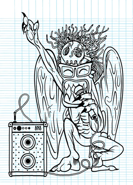 Monstruo rockero, canta con un micrófono cerca de un amplificador — Vector de stock