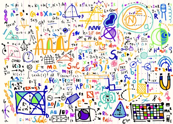 Fórmulas físicas y fenómenos en papel de nota. illu dibujado a mano — Archivo Imágenes Vectoriales