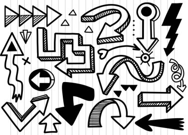 Farklı bir ok setinden el çizimi. Farklı siyah yön simgeleri, web tasarımı, mobil uygulamalar, arayüz ve diğer tasarım için vektör illüstrasyon koleksiyonu, her biri ayrı bir katmanda.