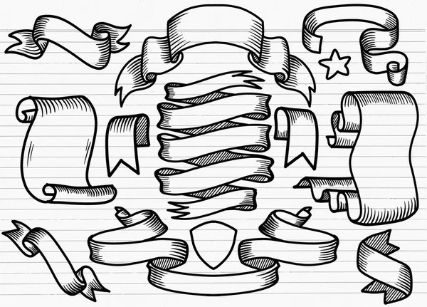 Set Nastri Disegnati Mano Set Disegnato Mano Nastri Diversi Elementi — Vettoriale Stock