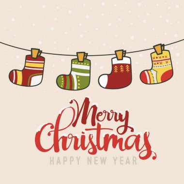 Farklı dizaynlı Noel çoraplarının şirin vektör çizimi. Kar tanelerinin arka planında izole