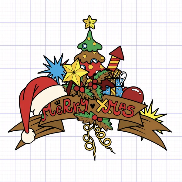 Doodles Natal Bonito Mão Desenhada Fitas Etiquetas Feliz Natal Feliz — Vetor de Stock