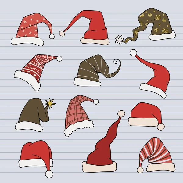 Grande Set Cappelli Babbo Natale Moderni Isolati Sfondo Raccolta Cappelli — Vettoriale Stock