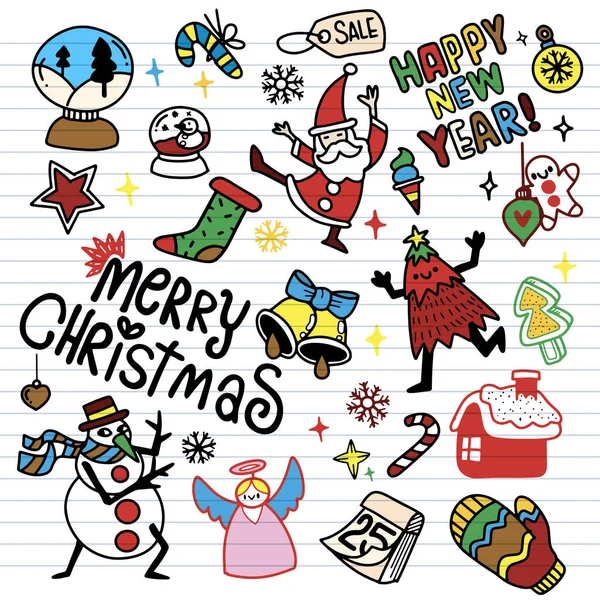 Lindo Dibujado Mano Garabatos Navidad Conjunto Elemento Diseño Navidad Estilo — Vector de stock